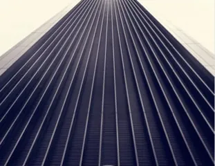 The ribbed dark flank of Federal II Tower running away into a cream-coloured sky.
