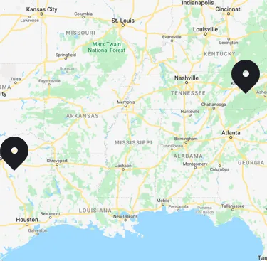 Map of the southern United States with a pin on each Arch Studio office, one east of Knoxville in Tennessee and one near Fort Worth in Texas.
