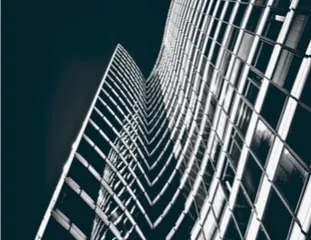 The white steel lattice of Trinity Bank Tower curving upward against a deep teal sky.